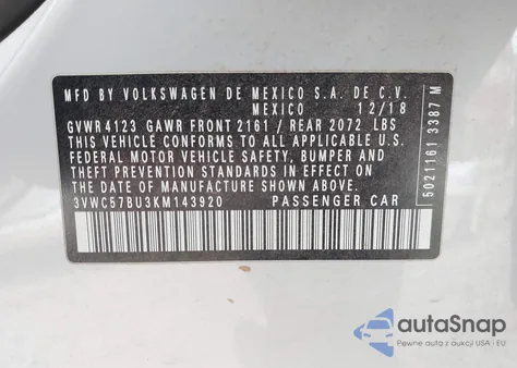 2019 Volkswagen Jetta 1.4T R-Line/1.4T S/1.4T Se из США, поврежденный, VIN 3VWC57BU3KM143920